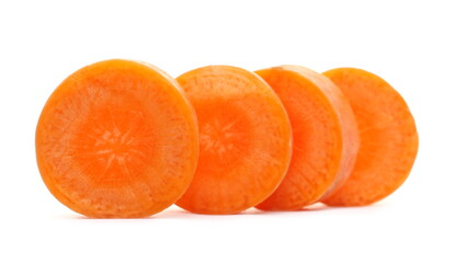 Chopped round carrot slices row isolated on white background
