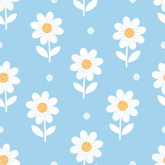Fototapeta na wymiar Seamless pattern with daisy flower and dots on blue background vector illustration. Cute floral print.