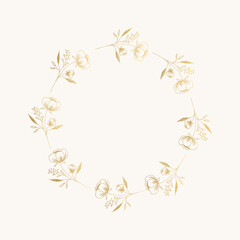 Golden wreath with hand drawn flowers. Retro vector illustration.