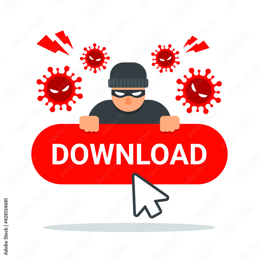 Fototapete Cursor point on the dangerous download button. Creative concept of downloading malware, virus, trojan, or hacking. Cute vector illustration with the flat style. Modern graphic design icon element.