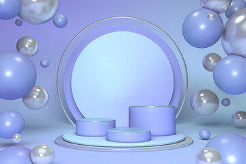 3D minimal blue podium, stand on pastel background with abstract geometric forms and bubbles for advertising. 3D summer style abstract illustration