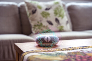 voice controlled smart speaker in a interior home environment. Smart AI speaker concept