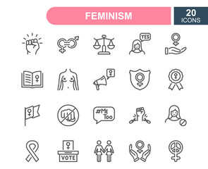 Feminism line icons set. Empowerment Girl, Gender Equality, Rights of Women, Girl Power, Sex Discrimination, Me Too, Protest line icons. Feminism outline concept. Editable stroke. Vector illustration