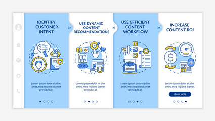 Smart content creation tips onboarding vector template. Responsive mobile website with icons. Web page walkthrough 4 step screens. Digital marketing color concept with linear illustrations