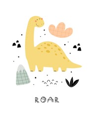 cartoon dinosaur, hand drawing lettering, décor elements. colorful vector illustration for kids, flat style. baby design for cards, print, posters, logo, cover