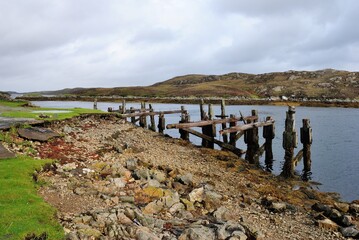 The remains of the old Steamer Pier in Loch Skipport on South Uist in the Outer Hebrides, Scotland, UK