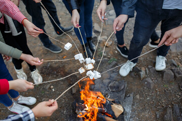 A group of people holding chopsticks with marshmallows in their hands fries them on a fire. Picnic with friends. Hands without faces.