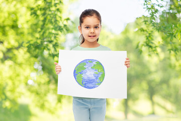 eco living, environment and sustainability concept - smiling girl holding drawing of earth planet over green natural background