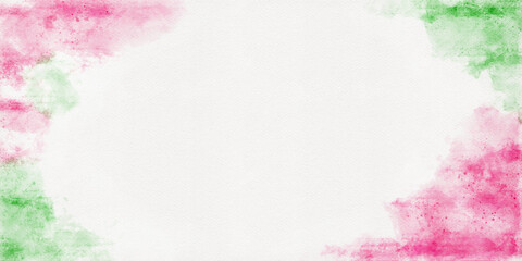 Watercolor abstract pink and green frame on white paper background, wide banner backdrop with copy space