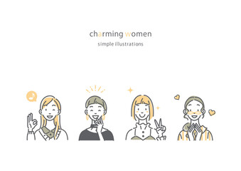シンプルでおしゃれな若い女性の線画イラストセット 笑顔 Wall Mural Atelier Fmika