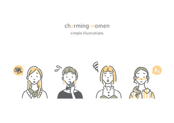 シンプルでおしゃれな若い女性の線画イラストセット　悩み　トラブル
