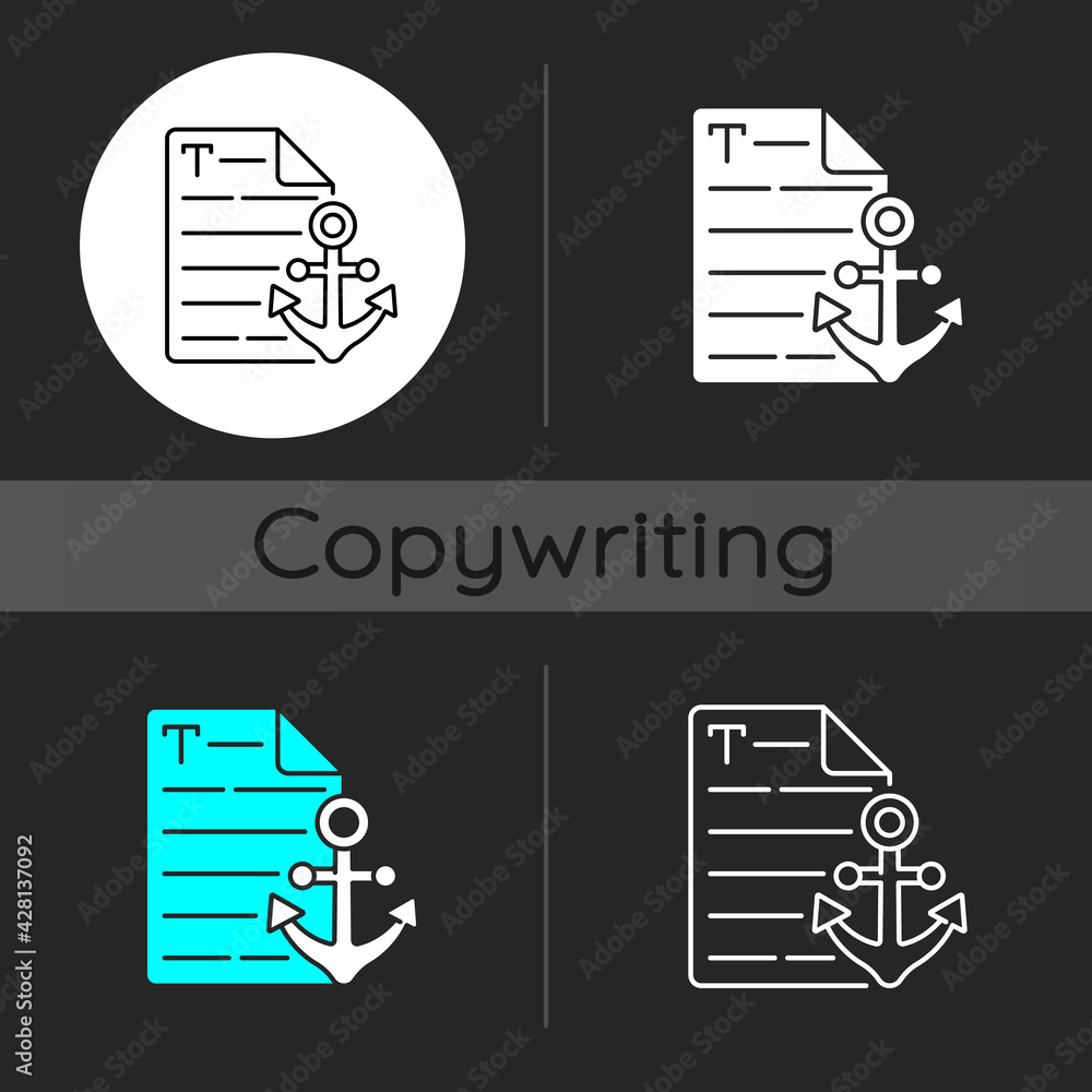Poster anchor text dark theme icon. webpage with link. document with hyperlink. professional journalist. co