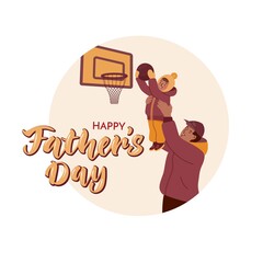 Father helps his little daughter to throw the ball into the basketball hoop. Vector color flat illustration with characters in cartoon style on the white background with lettering.