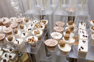Wedding Candy Bar with a large three-story cake in a classic style. Table with sweets and desserts for guests at the holiday. White sweet desserts are not harmful to the figure. 