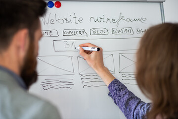 UI UX designer drawing new website wireframe