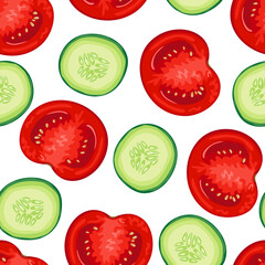 Tomato and cucumber slices seamless pattern. Fresh vegetables background. Vector food illustration in cartoon flat style.