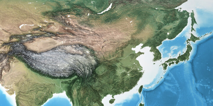 Physical map of East Asia, China, with high resolution details. Flattened satellite view of Planet Earth, its geography and topography. 3D illustration - Elements of this image furnished by NASA