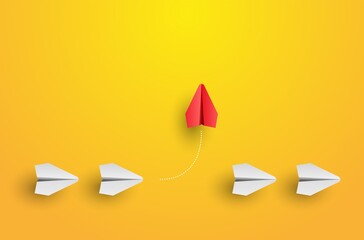 Individuality concept. Individual and unique leader red paper plane flies to the side. Think different. Vector