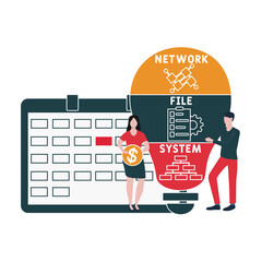 Flat design with people. NFS - Network File System acronym, business concept background.   Vector illustration for website banner, marketing materials, business presentation, online