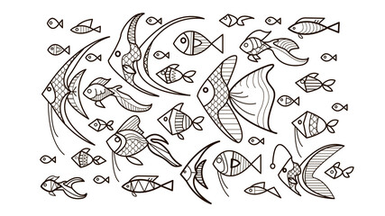 Black and white vector illustration set of abstract cartoon fish coloring page. outline for Art therapy, posters, tattoo, stickers, design.