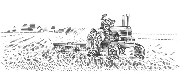 Old retro tractor working in field illustration. Vector. eps 10.	
