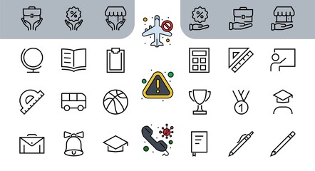 A simple set of school items. Contains icons such as student, award, geography, physical education, geometry and more. On white background. Editable stroke. 480x480