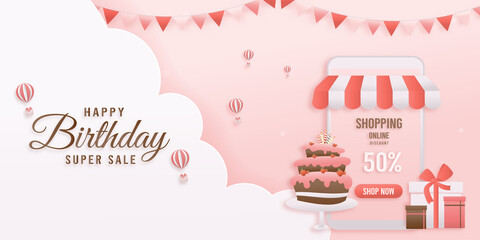 Discount shop online, pink Birthday sale banners on mobile with cake paper cut and papercraft style. Celebration Happy birthday sale voucher template.	
