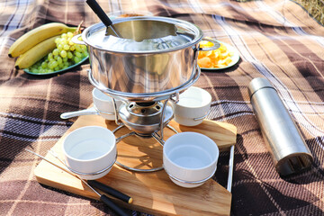 Set for fondue in picnic. picnic with cheese fondue
