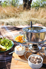 Set for fondue in picnic. picnic with cheese fondue