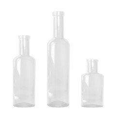 Three empty transparent bottles in different sizes, all without label, isolated on white background