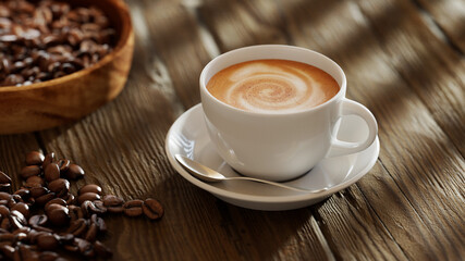 Frische Tasse Kaffee mit Kaffeebohnen auf Tisch