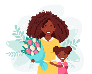 Mother's day greeting card. Black woman with bouquet of flowers and daughter. Vector illustration