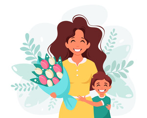 Mother's day greeting card. Woman with bouquet of flowers and son. Vector illustration