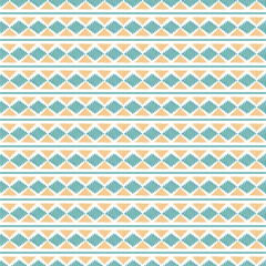 Seamless Tribal Pattern with Stripes of Scribbled Teal Yellow Triangles, Diamonds and Lines on White background.