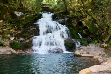 Fototapeta na wymiar Waterfall in a small river under a bridge. The riverbed runs through a lush forest