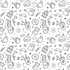 Coffee seamless pattern. Doodle Drawing design concept. Vector illustration