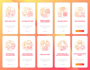 E-scrap segregation onboarding mobile app page screen with concepts set. Elements, categories walkthrough 5 steps graphic instructions. UI, UX, GUI vector template with linear color illustrations