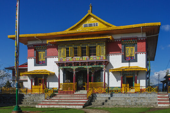 Colorful front view of famous Pemayangtse buddhist monastery in Sikkim, India