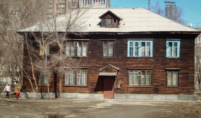 Old apartment building. Wooden house. Residential building. Vintage style. Ust-Kamenogorsk (kazakhstan)