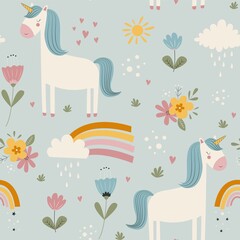 Hand drawing cute unicorn and flowers seamless print design. Vector illustration design for fashion fabrics, textile graphics, prints © miniwhale
