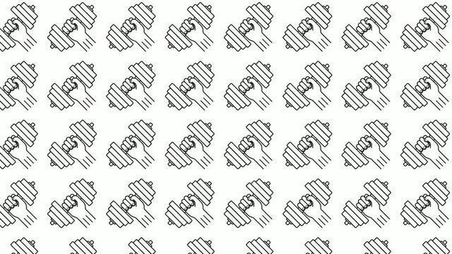 animated seamless pattern with strong hand of athlete holds dumbbell. Sports and active lifestyle. Ornament for background decoration. Design element. Looped video