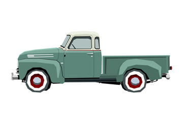 Farm retro pickup drawing. Off-road car in cartoon style. Isolated vintage vehicle art for kids bedroom decor. Side view. Truck for nursery decor