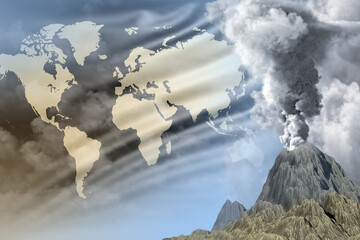 high volcano eruption at day time with white smoke on World flag background, suffer from disaster and volcanic earthquake conceptual 3D illustration of nature