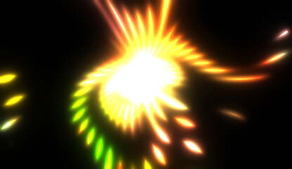 Dynamic rays of light isolated on black background. Graphic 2D illustration of glowing colorful light particles.