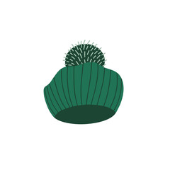 Knitted beret with a pom pom. Hand-drawn vector illustration in a flat cartoon style. Winter and autumn accessory