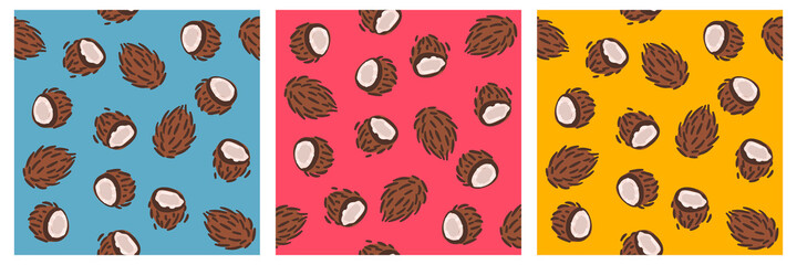 Coconut seamless pattern. Bright doodle cartoon style.