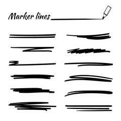 Set of hand drawn marker strokes, underlines.Collection of doodle style various strips. Art lines.Isolated on white.Vector - obrazy, fototapety, plakaty