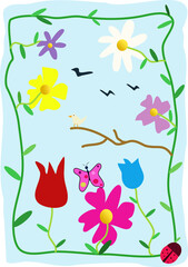 Hello spring season image with flowers and insect