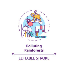 Polluting rainforests concept icon. Green tourism challenges. People decreasing amount of trees on planet idea thin line illustration. Vector isolated outline RGB color drawing. Editable stroke