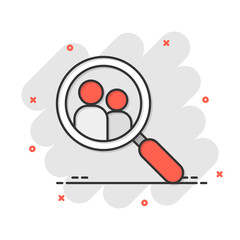 Search job vacancy icon in comic style. Loupe career vector cartoon illustration on white isolated background. Find people employer splash effect business concept.